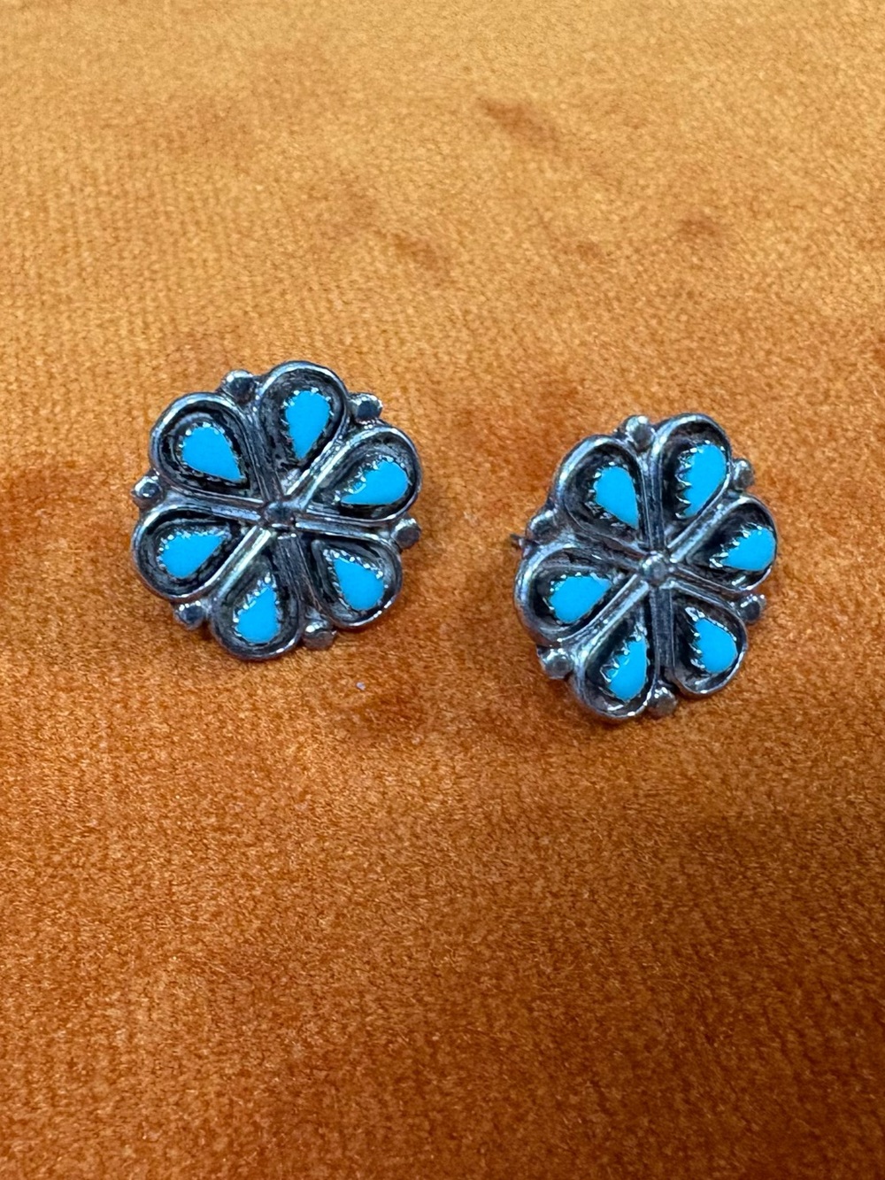 Zuni style stud earrings. Vintage turquoise, sterling silver